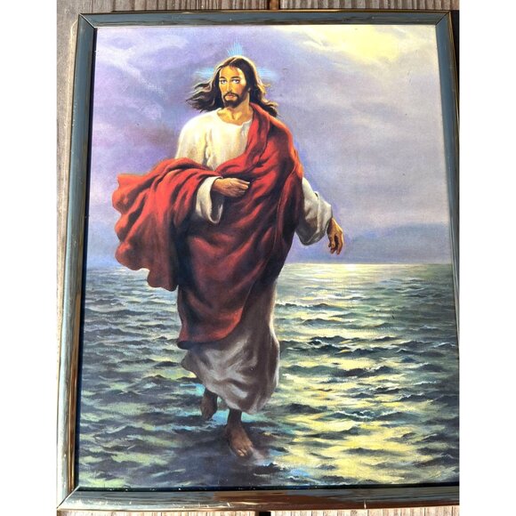 Vintage Jesus Walking On Water Print Gold Tone Metal Frame 9"x 11" - Picture 2 of 6